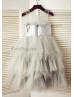 Sheer Neckline Silver Grey Sequin Ruffle Tulle Tea Length Flower Girl Dress